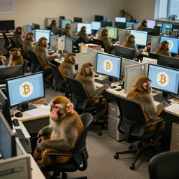 a large number of monkeys are sitting in cheap office chairs staring at computer screens in a crowded office with cubicles, the computer screens have bitcoin logos, hyperrealism, unreal engine 5, 4 k, harsh contrast lighting