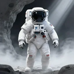 a beautiful artwork illustration, concept art sketch of an astronaut in white futuristic cybernetic armor in front of a small cave entrance on the moon, volumetric fog, godrays, high contrast, vibrant colors, vivid colors, high saturation, by Greg Rutkowski and Jesper Ejsing and Raymond Swanland and alena aenami, featured on artstation, wide angle, vertical orientation
