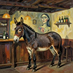 a cubist mule in the a rustic bar, by Salvador Dali, by Picaso, vibrant colors, stunning lighting, award winning, amazing resolution.