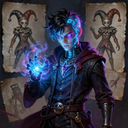 a oil art portrait of young mage with neon magic in style of transistor character, bard jester character sheet, 4 k, ultra detail, volumetric lighting, unreal engine, octane render, grimdark