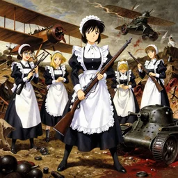 anime key visual depicting the horros 1 9 1 8 great war, anime maids, matriarchy, old bolt action rifles, early tanks, biplanes, blood anguish terror, official digital media illustrated in style of classical baroque, renaissance painting, trenches bombs, preserved museum piece, historical