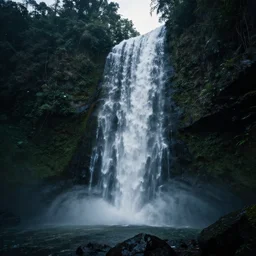 A waterfall in the jungle, 8k, professional photography, cinematic shot, dark, smoke