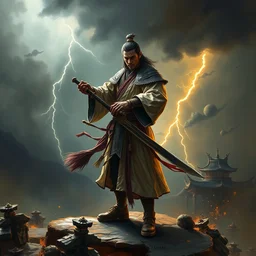 ancient ntricate oilpainting, game characterwhole body design of a chinese anicientwarrior in clothes with a broadsword, down hard, dark cloud and lightning on the grounddramatic lighting, cg, extremely detailed, 8 k, sophisticated