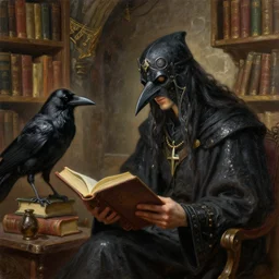 highly detailed 3 / 4 oil painting of a crow alchemist reading, fantasy race, medieval bookstore background, featured on artstation