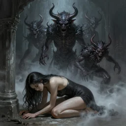 The Conjuring of Astaroth and Pazuzu , photorealistic, demons, apparitions, a sexy beautiful dark haired woman cowers in the corner, mist and smoke, digital painting, artstation, illustration, concept art, smooth, sharp focus, art byMoebius Yasushi Nirasawa HR Giger