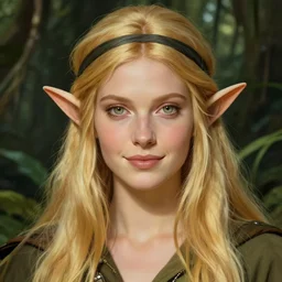 Face portrait of a gorgeous Elf lady, long golden hair, jungle ranger attire, pale skin, light green eyes, small nose, pretty smile, black headband, high fantasy, by Joseph Christian Leyendecker, by donato giancola, matte painting, rending on artstation, artstationHD, artstationHQ, no extra characters, no extra arms, no extra hands, HD 8K