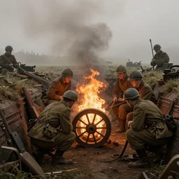 photograph of soldiers in a trench worshipping a burning wheel, 1 9 1 6, fog, atmospheric