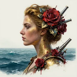 portrait of britainwoman :: side profile :: in ocean :: roses and guns metal details :: gold :: blood and horror ::  by marvel and Sandra Chevrier