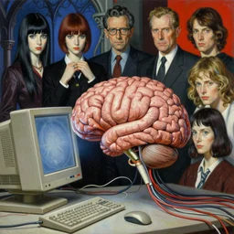 realistic detailed image of a human brain connected with wires and cords to a 9 0 s computer, ayami kojima, amano, karol bak, greg hildebrandt, mark brooks, neo - gothic, rich colors. beksinski painting, david cronenberg, adrian ghenie, gerhard richter, takato yamamoto. masterpiece. realistic detailed image