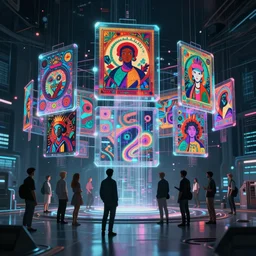 cinematic shot cyberspace of creativity, large floating holographic moving images, hyper realistic, mood lighting, fantasy, detailed people creating colorful diverse art, highly detailed, super realistic, perfect lighting pixel sorting, style sheet