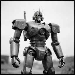 an analogue photo of a Tribal Igbo mecha robot, black & white, 35mm, f/1.4,