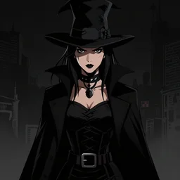cell shaded, portrait of a woman magician, dark background, dramatic bold lighting, solid colors, detailed, solid blacks, line art, dark shadows, sharp edges, artstation, photoshop, trending, grunge, high contrast, octane render, comic, graphic novel, dark background, digital 2 d, artstation, marcin sobon, city of mist