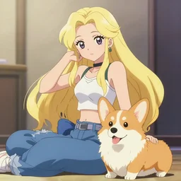 beautiful anime of hiphop princess chill with corgi, by sherree valentine daines, peter mohrbacher, alice neel, donato giancola, mike winkelmann, laurie greasley. trending on artstation, 8 k, masterpiece, graffiti, fine detail, full of color, intricate detail, golden ratio illustration, face detail