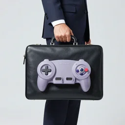 businessman holding a nintendo gamecube like a briefcase, nintendo advertisement