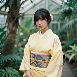 photograph of an young woman wearing a yellow kimono in a tropical greenhouse, by james gurney, by john william waterhouse, Extremely detailed. 4K. 35mm lens