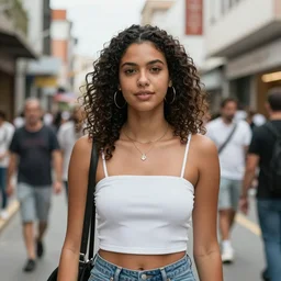 color medium shot portrait of beautiful Brazilian 26-year-old woman model, candid street portrait in the style of Rehahn award winning, Sony a7R