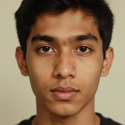 close - up pov shot, studio photography centered portrait of a beautiful indian and southeast asian man in his teens, light brown eyes, diamond - shaped face, in the style of saul leiter and lee jeffries, kodachromatic, warm lighting, 2 4 mm, 8 k
