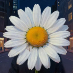 closeup, giant daisy flowers head, woman in modern city, surreal photography, night light, dark, impressionist painting, digital painting, artstation, simon stalenhag