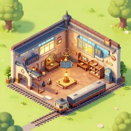 isometric building interior, small village railway station with train fantasy
