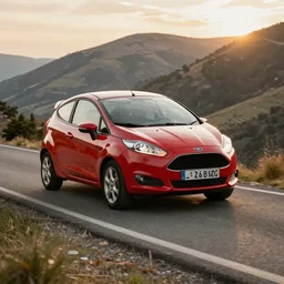 red ford fiesta mk 5 zetec on a mountain road, spain, award winning photograph, golden hour