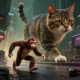 a 🐭 fleeing scared & a huge cat 🐱, by mark ryden in cyberpunk environment, 4 k ultra high resolution, horror, long camera shot
