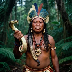 Portrait of an Amazon indigenous tribe leader holding a massive snake by the neck in the middle of an ominous jungle, 1980s photography