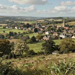 Landscape concept art of countryside with a victorian town in the background. Digital art, Detailed, realistic, UHD
