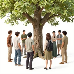 highly detailed by zhang kechun, by ed brubaker instruction manual, bright. assemblage. a group of people gathered around a large tree in a forest. the tree is surrounded by a bright light, & the people appear to be looking up at it in wonder.
