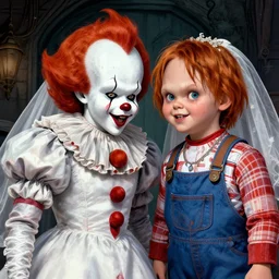 Boy between pennywise and the bride of Chucky, illustration, well detailed