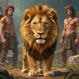 lion staring at you, 3d scene, render, ultra realistic, zenith view, Frank Frazetta, Richard Corben, Moebius, Greg Rutkowski, artstation, cgsociety, level design, unreal engine, 3d scene, render, ultra realistic