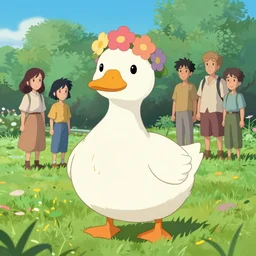 full body shot of a small fat pure white duck wearing a flower crown, beautiful outdoors, cel shaded vector art, toon shading, behance, hd by lois van baarle, helen huang, by makoto shinkai and ilya kuvshinov, rossdraws, disney animation still