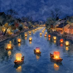 paper lanterns boats in many colors floating down a river at night, beautiful watercolor painting trending on artstation