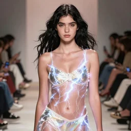 olivia wearing an outfit made from bright lightning, at new york fashion week, lush black hair, average physique, freckled pale skin, photo by greg rutkowski, stage lighting, soft colors, female beauty, intricate detail, risque fashion, elegance, 3 5 mm, depth of field, masterpiece