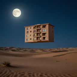 a single apartment building flying above a desert oasis in a moonlit night in the style of jacek yerka