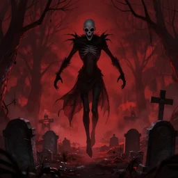 cursed slenderman float above a graveyard, dark, horror, red color scheme, artstation