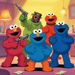 sesame street characters bank heist, violent, artstation, digital art, guns, ask for money