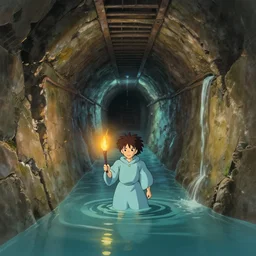 scene from studio ghibli's sewer adventures where the wizard stands in a waist - deep river holding a torch in a long twisting sewer tunnel. underground, crumbling masonry, sewage falling from grates.
