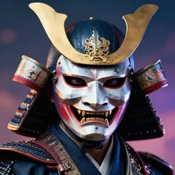 a powerful japanese samurai wearing a the mask of solid snake from metal gear, thunderbolt, detailed face, highly detailed, face symmetry, character concept portrait by moebius and laurie greasley, colorful, profile picture, 8 k, cinematic color grading