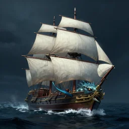 sea monster looks like sailing ship deep dark sea, highly detailed, digital painting, smooth, sharp focus, illustration, artstation