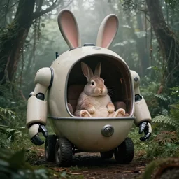 dark night oversized battle rabbit robot chubby fatmech trailer bucket bowl vehicle with big ears with rabbit sitting inside, in jungle forest, full body, nighttime, cinematic focus, technicolor photo, vintage, neutral dull colors, soft lights, foggy, overcast by oleg oprisco, by thomas peschak, by discovery channel, by victor enrich, by gregory crewdson