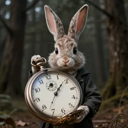 of frank the rabbit from donnie darko holding out a giant pocket watch, 8 k resolution, hyperdetailed, surrealism