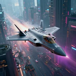 a photo of futuristic sci - fi fighter jet hurtling through a cyberpunk city, skyscrapers, neon, reflections, epic, unreal engine 5, volumetric lighting, haze, raytracing, 8 k