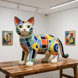beautiful gallery show studio photograph of a giant realistic curvy ceramic sculpture of a kitten cat!!!!!, glazed by bridget riley and victor vasarely, placed on a polished wooden table, colorful hyperrealism 8 k trending on artstation