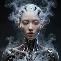 portrait of a cyborg woman made of smoke. intricate abstract. intricate artwork. by tooth wu, wlop, beeple, dan mumford. trending on artstation, greg rutkowski very coherent symmetrical artwork. cinematic, hyper realism, high detail, octane render, 8 k, iridescent accents