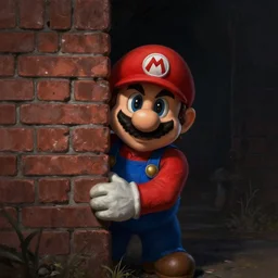 man super mario in bloodborne hiding behind a brick wall, dark mood, highly detailed, digital painting, artstation, illustration, art by artgerm and greg rutkowski and alphonse mucha