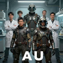 The two TAU operators and the four technicians in the laboratory, character art, group portrait, sci-fi humans, concept art, character design, sci-fi, helmet, cinematic composition, hyper detailed, matte painting, poster, portrait, Bayard Wu, Greg Rutkowski, Cedric Peyravernay, Anato Finnstark, artstation, 8k