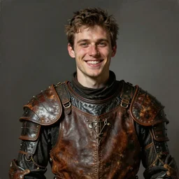 portrait painting of a jolly young man wearing a worn, old, cheap, leather gambeson, sharp focus, award - winning, trending on artstation, masterpiece, highly detailed, intricate. art by rebecca guay
