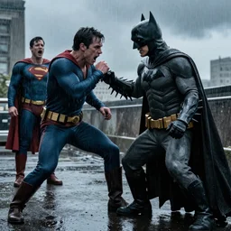 Homelander kills Batman in 4k, while Superman cries in the background. Rainy sky