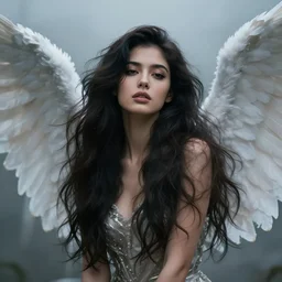 a beautiful woman angel big wings, 8 k, sensual, hyperrealistic, high resolution, uhd, hyperdetailed, beautiful face, long hair windy, dark fantasy, fantasy portrait by laura sava