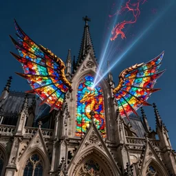 outside exterior view flying stain glass wings gothic butress cathedral lens laser dragon in the sky, artstation, cinematic, concept art, 8k, Pinterest, cgsociety, hyper detailed, ultra realistic, illustration, epic, high resolution, post processing, high quality,